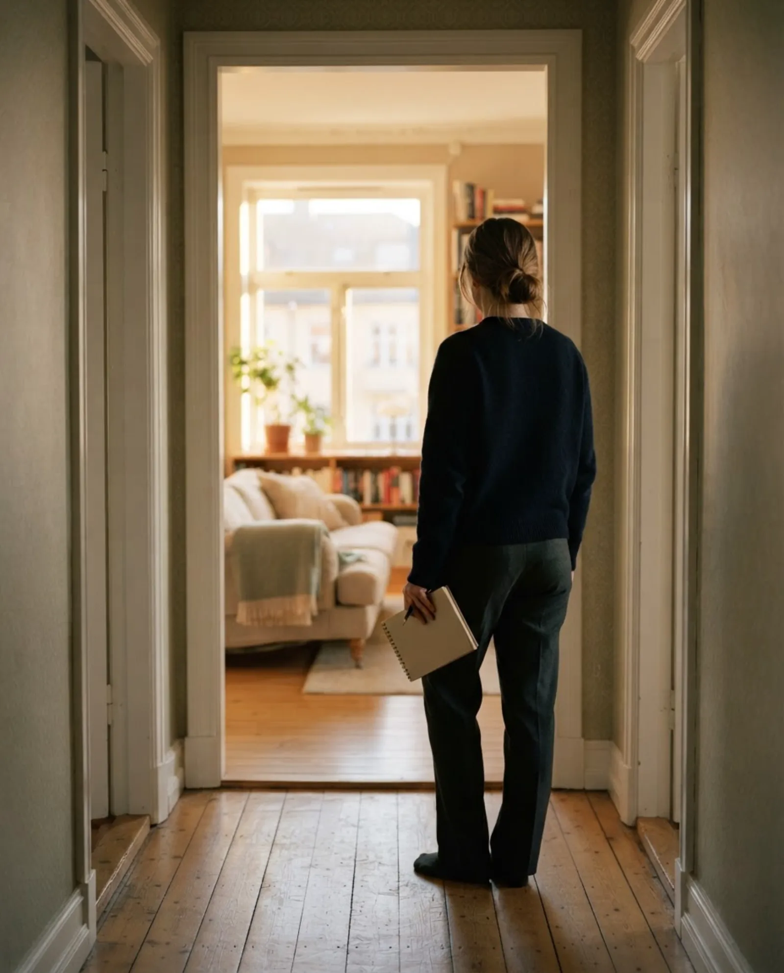 En person med notatblokk står i gangen og ser inn i en lys stue