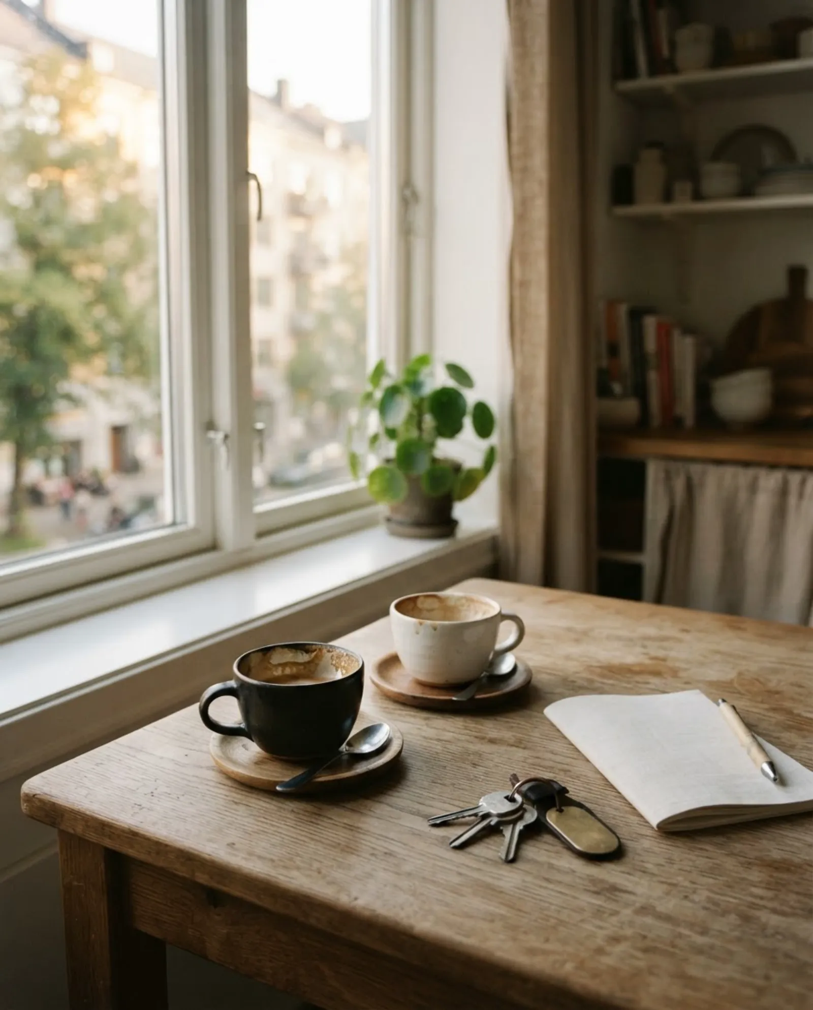 To kaffekopper og nøkler på et kjøkkenbord